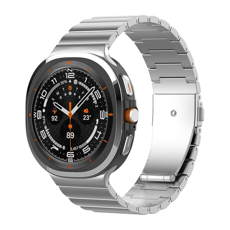 Silver linked titanium watch band with a flat buckle, shown on a smartwatch