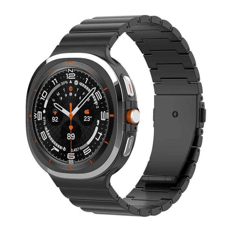 Black linked titanium watch band with a flat buckle, shown on a smartwatch