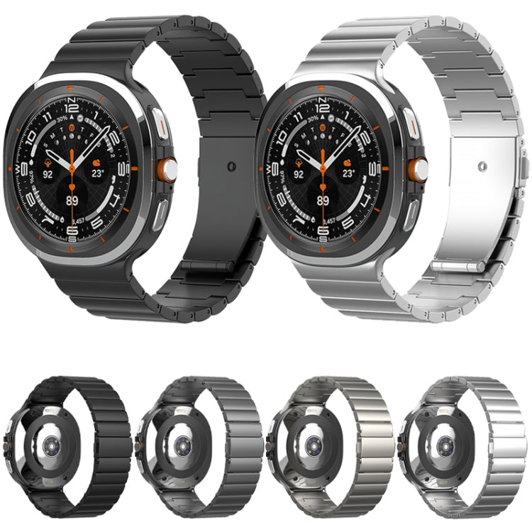 Black and silver linked titanium watch bands shown on smartwatches, with back views below