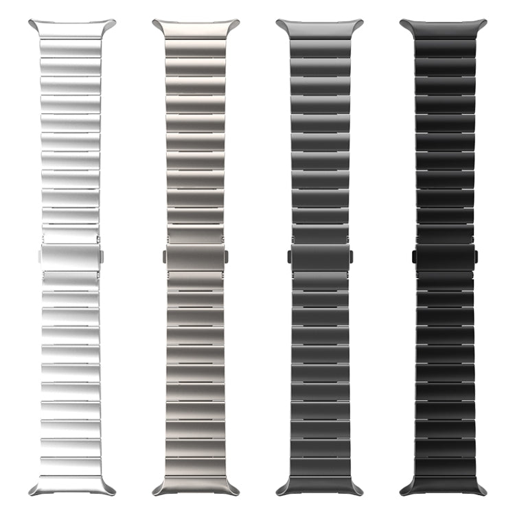 Four linked titanium watch bands in silver, gray, titanium color, and black