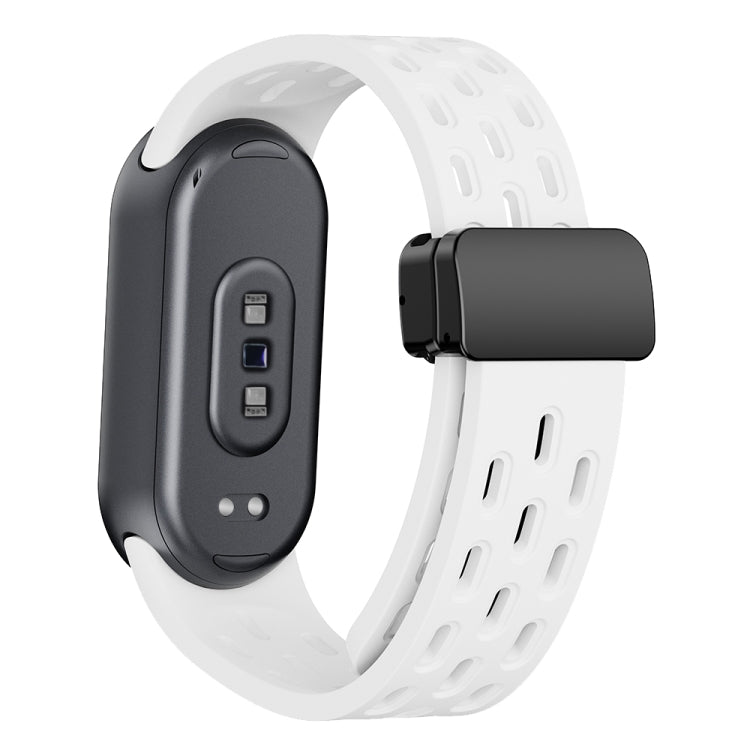 Back view of white perforated silicone watch band with black folding buckle and tracker sensors