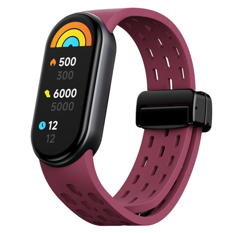 Wine red perforated silicone watch band for Xiaomi Smart Band 9 with black folding buckle