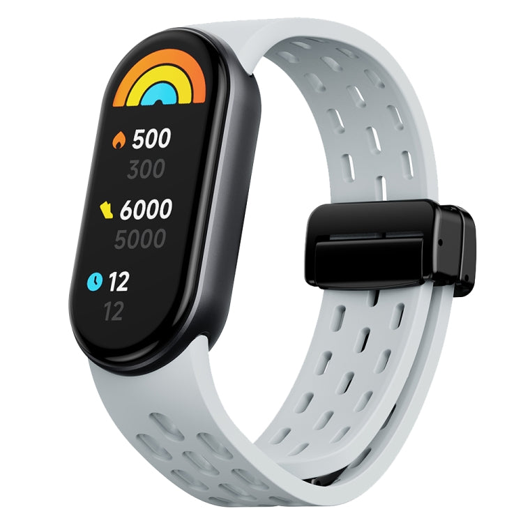 Light gray perforated silicone watch band for Xiaomi Smart Band 9 with black folding buckle