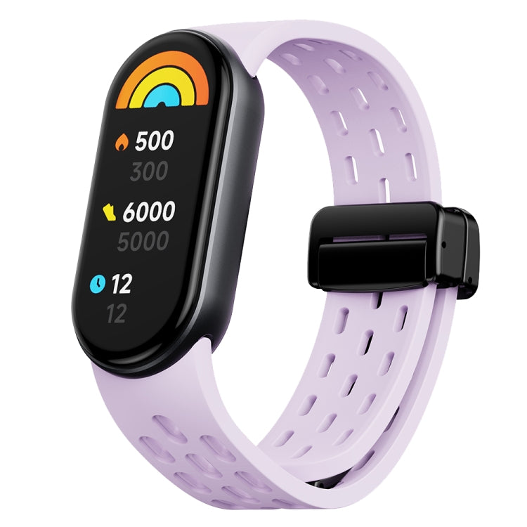 Light purple perforated silicone watch band for Xiaomi Smart Band 9 with black folding buckle