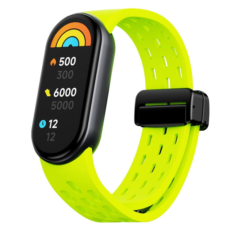 Lime green perforated silicone watch band for Xiaomi Smart Band 9 with black folding buckle