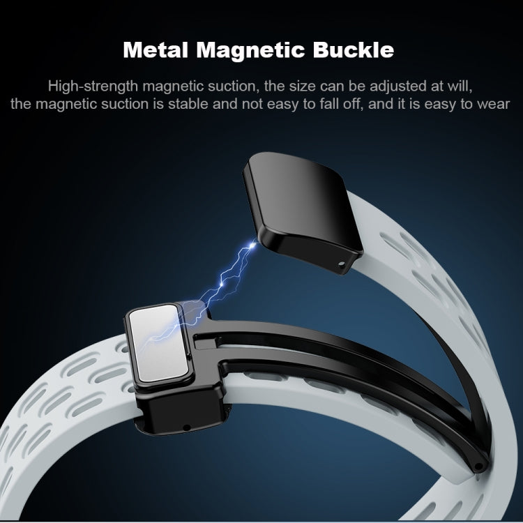 White perforated silicone watch band with open black magnetic folding buckle