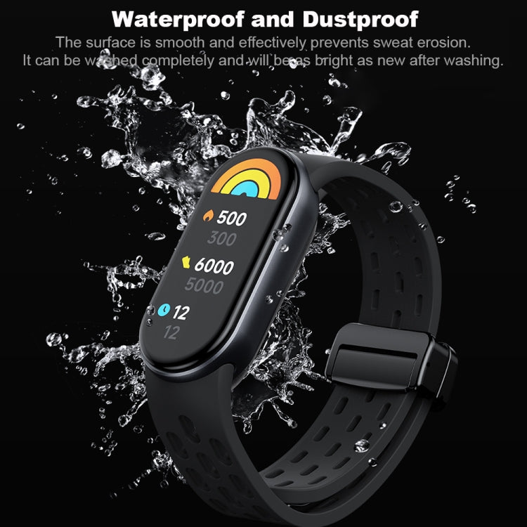 Black silicone watch band with a magnetic folding buckle, shown attached to a fitness tracker