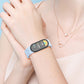 Light blue perforated watch band worn on the wrist with a fitness tracker