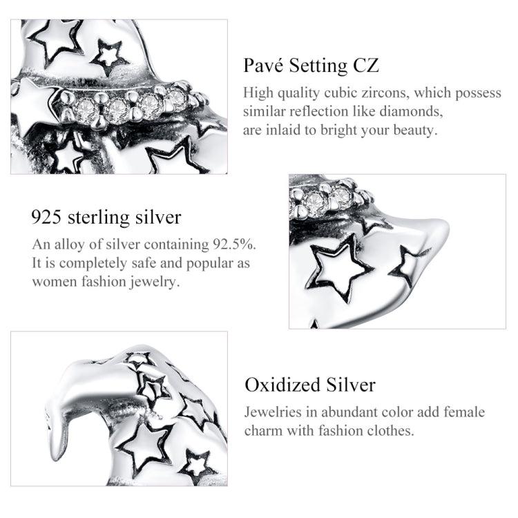 Sterling silver witch hat charm bead close-up with star motifs and CZ stones