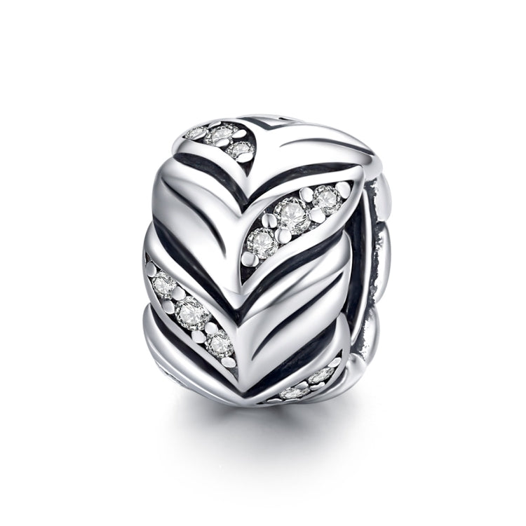 Sterling silver wheat heart charm bead with black enamel stripes and clear CZ stones