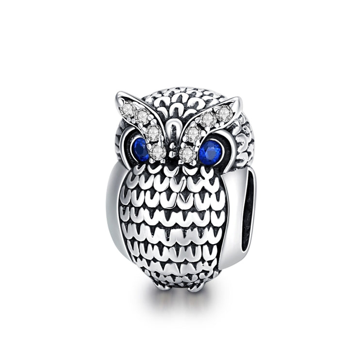 S925 sterling silver owl bead with blue eyes and clear stones