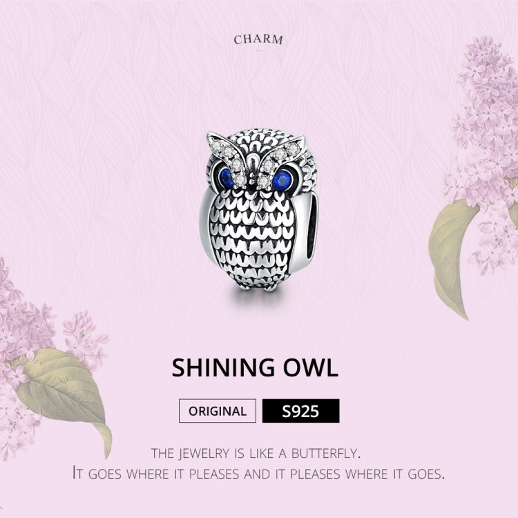 Sterling silver owl charm bead with blue eyes