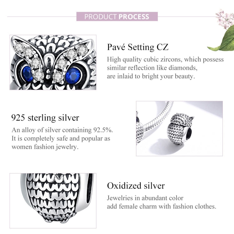 Sterling silver owl bead charm with pavé-set CZ and oxidized detailing