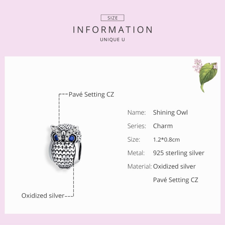 Sterling silver owl charm bead with blue CZ eyes