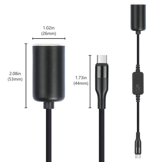 Type-C 5V to 12V Car Cigarette Lighter Socket Boost Cable with Voltage Display, 0.3m, 1m