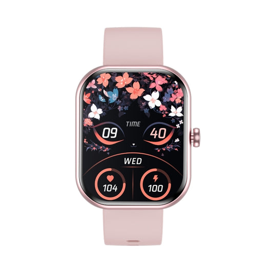 Pink fitness smartwatch shown front-on with a floral screen and adjustable silicone strap