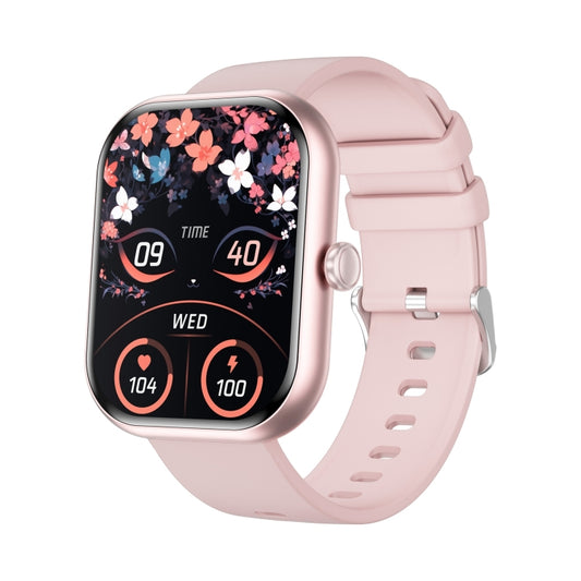 Pink fitness smartwatch with floral display, rounded rectangular case, and adjustable silicone strap