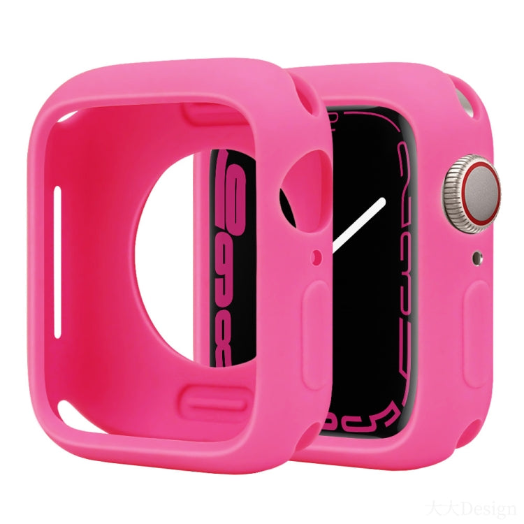 Bright pink silicone half-coverage Apple Watch case with open display and side button cutouts