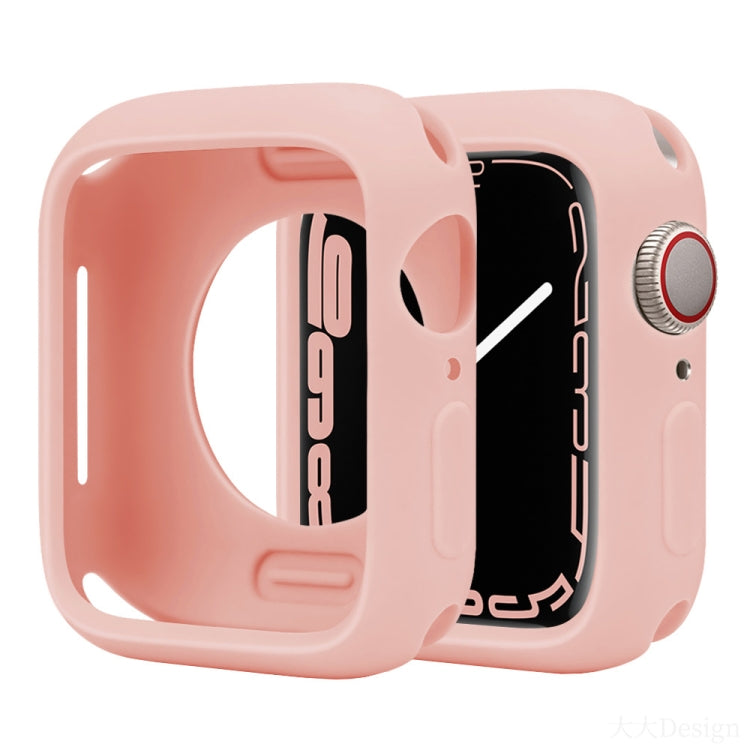 Coral pink silicone half-coverage Apple Watch case with open display and side button cutouts
