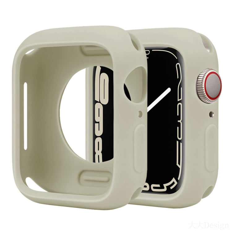 Pale olive silicone half-coverage Apple Watch case with open display and side button cutouts