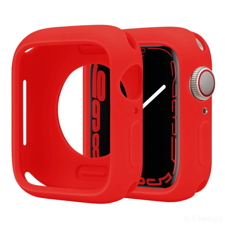 Bright red silicone half-coverage Apple Watch case with raised edges and cutouts