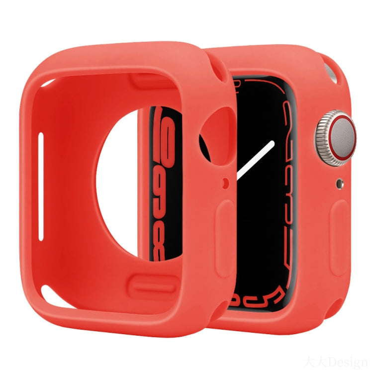 Coral red silicone half-coverage Apple Watch case with open face and crown cover