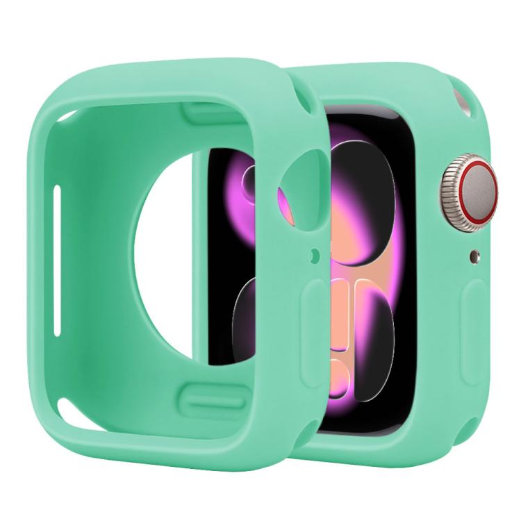 Mint green silicone half-coverage Apple Watch case with open screen and side controls