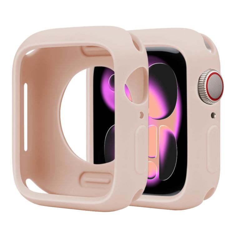 Pale blush silicone half-coverage Apple Watch case with open screen and side controls