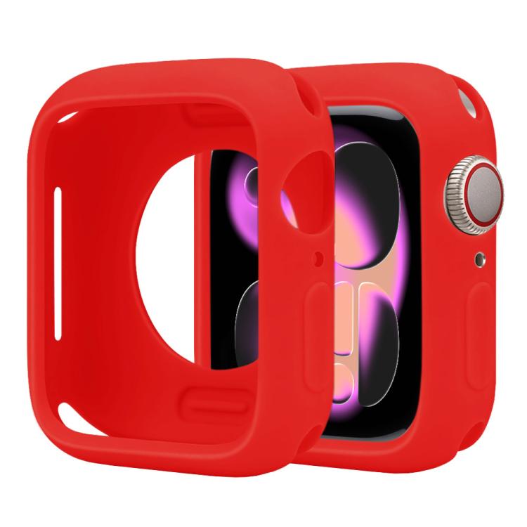 Red silicone half-coverage Apple Watch case with open screen and side controls
