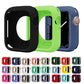 Silicone half-coverage Apple Watch cases in black, bright green, and navy, with color options below