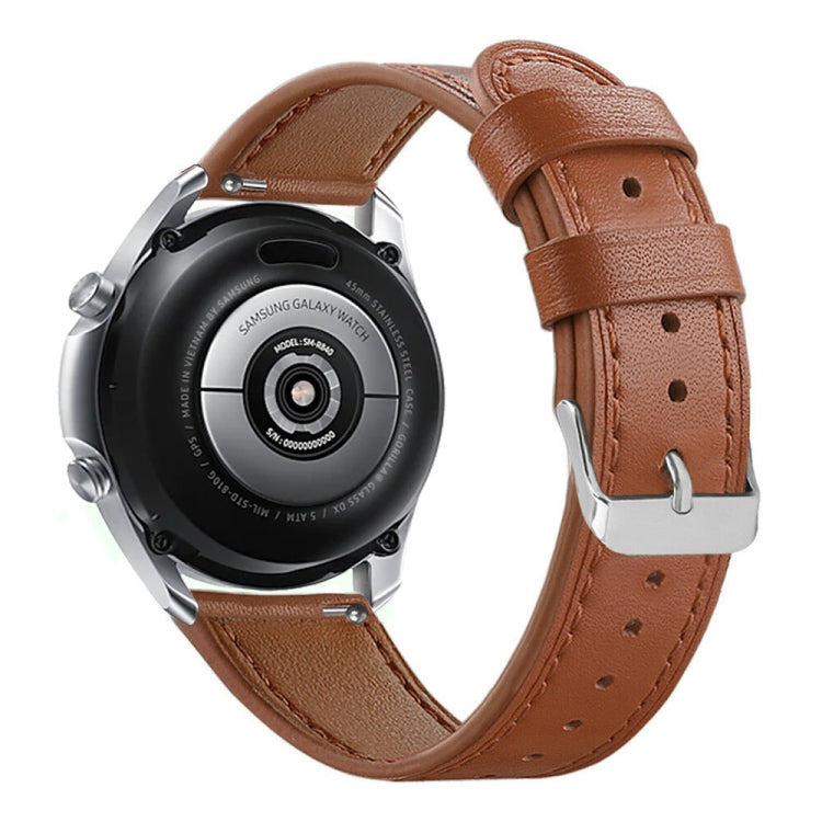 Tan leather watch strap with stitching, perforations, and metal pin buckle