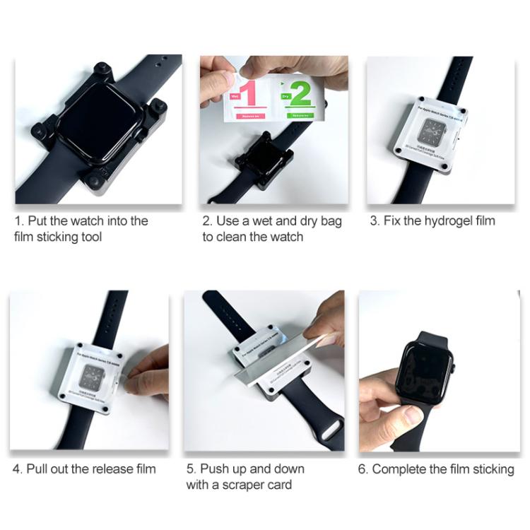 Watch screen protector installation steps using a film applicator and cleaning wipes