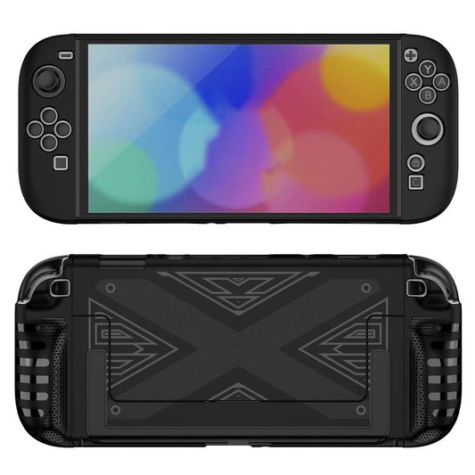 Black protective console case with X-pattern, covers front and back, includes grip stand