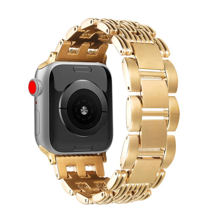 Gold five-bead stainless steel Apple Watch band shown attached to a watch.