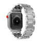 Silver five-bead stainless steel Apple Watch band shown attached to a watch.