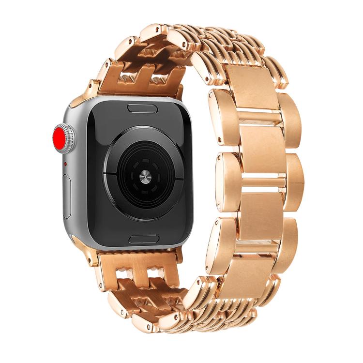 Rose gold stainless steel Apple Watch band with wide center links.