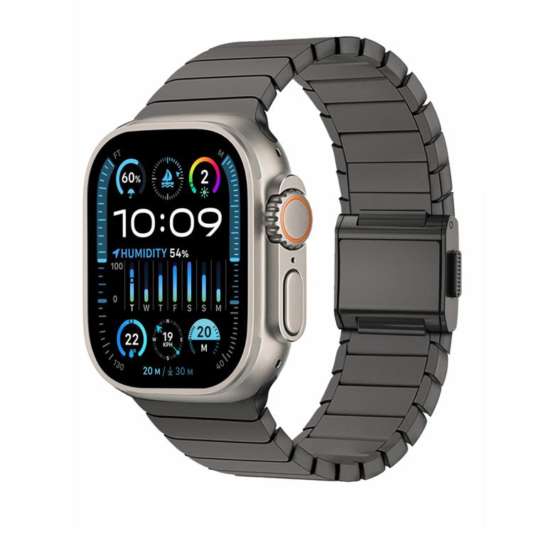 Slate gray titanium link watch band fitted to an Apple Watch.