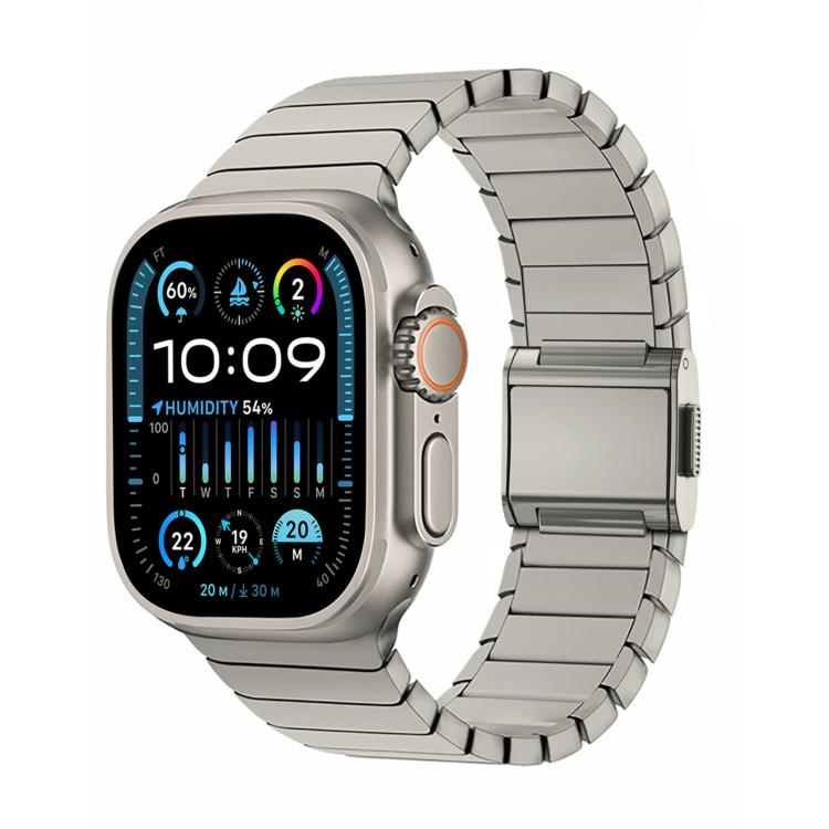 Titanium gray link watch band fitted to an Apple Watch.