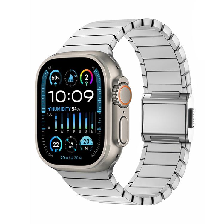 Silver titanium link watch band fitted to an Apple Watch.