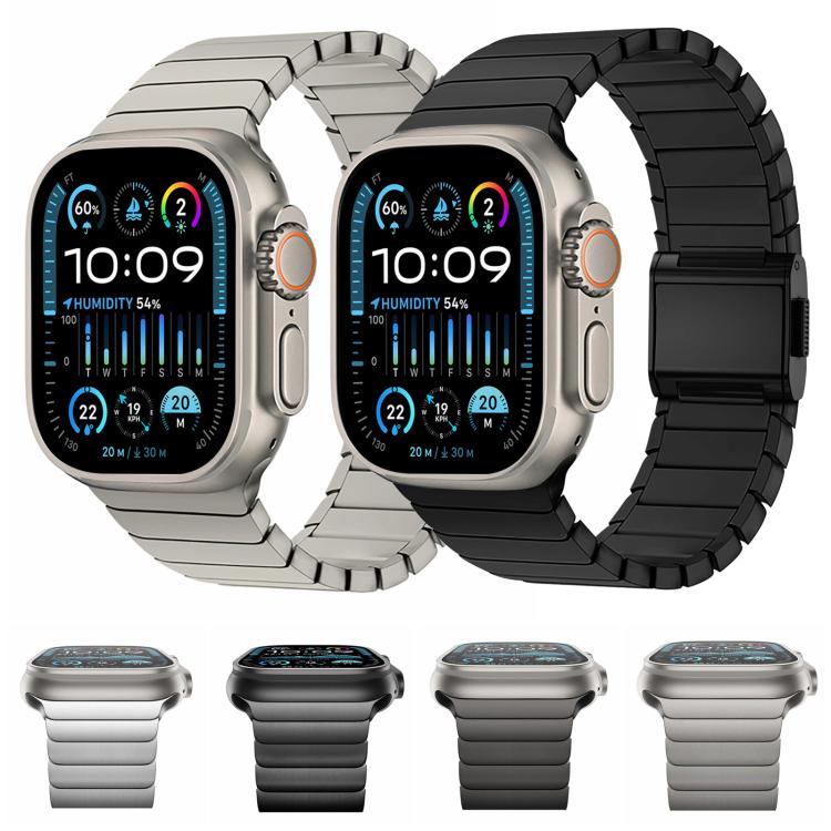 Titanium link watch bands in silver, black, slate gray, and light gray.