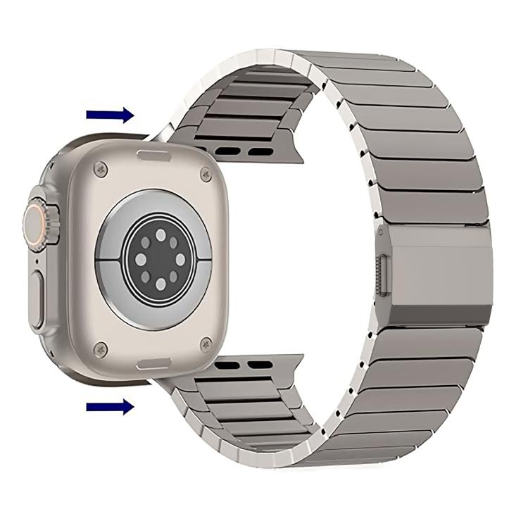 Titanium link watch band showing its watch attachment connectors from the back.