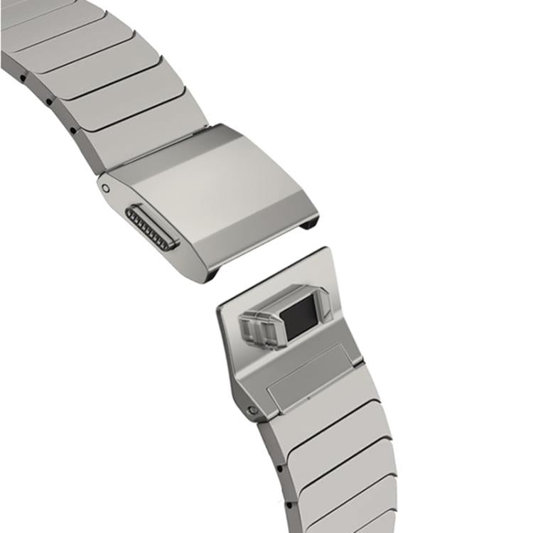 Titanium link watch band clasp shown open in close-up.