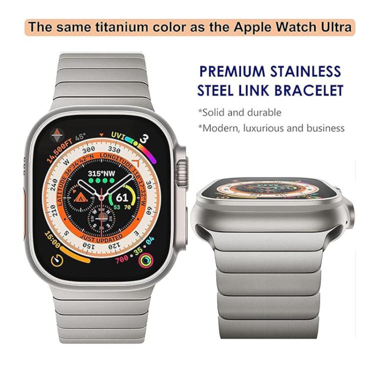 Titanium link watch band fitted to an Apple Watch, shown from the front and side.