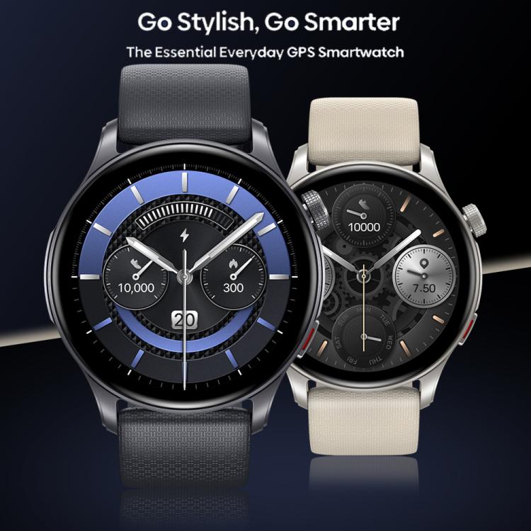 Zeblaze Btalk 3 GPS smartwatch with gray strap and blue-accented face, beside a light-strap version