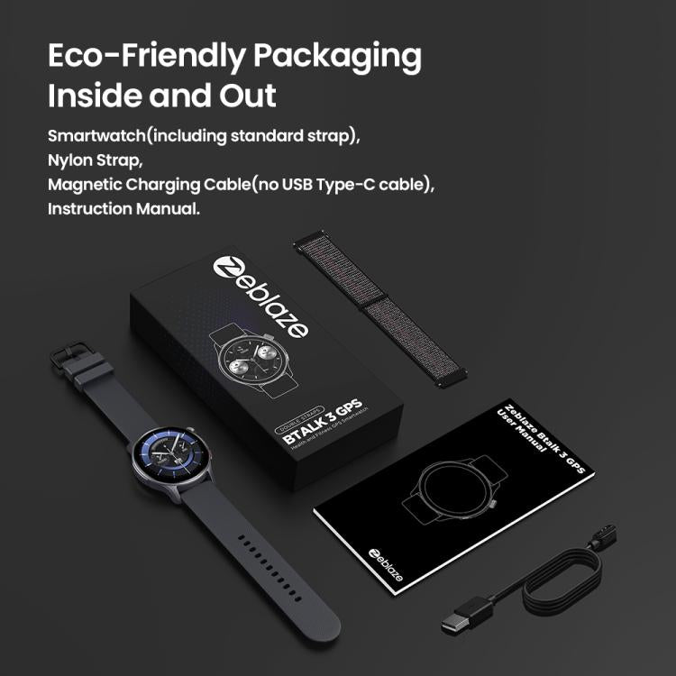 Zeblaze Btalk 3 GPS smartwatch package with straps, charging cable and manual
