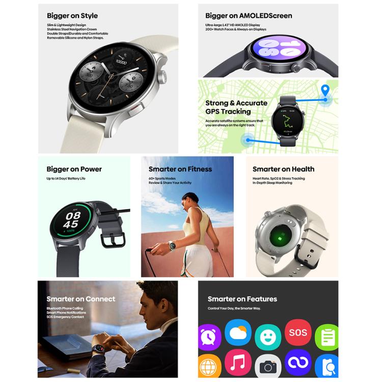 Zeblaze Btalk 3 GPS smartwatch feature collage showing tracking, health and call functions