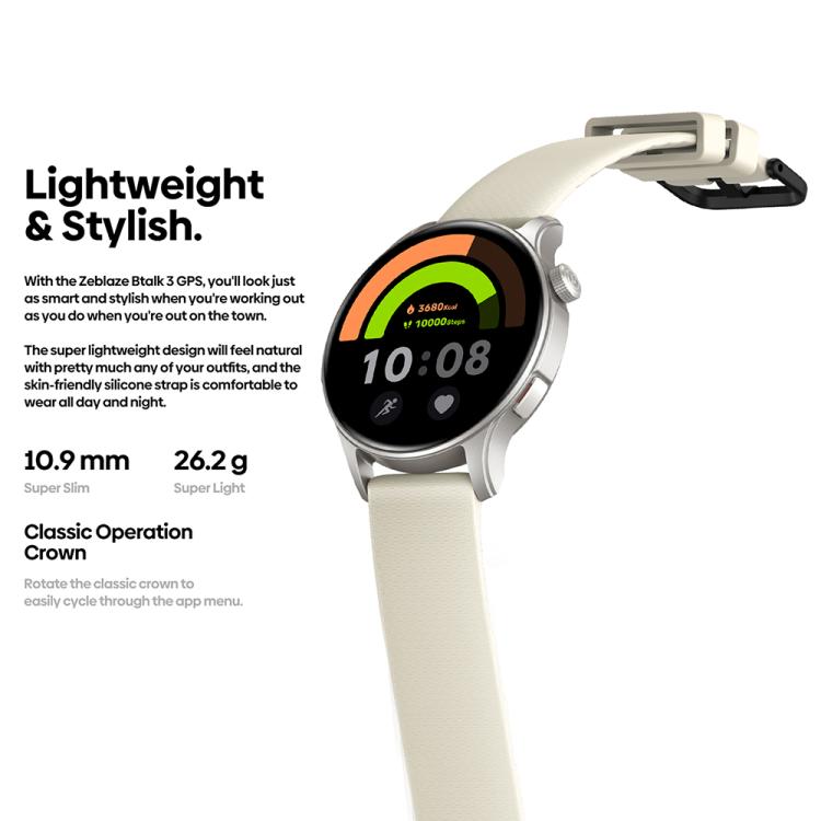 Zeblaze Btalk 3 GPS smartwatch with cream strap and silver-tone case