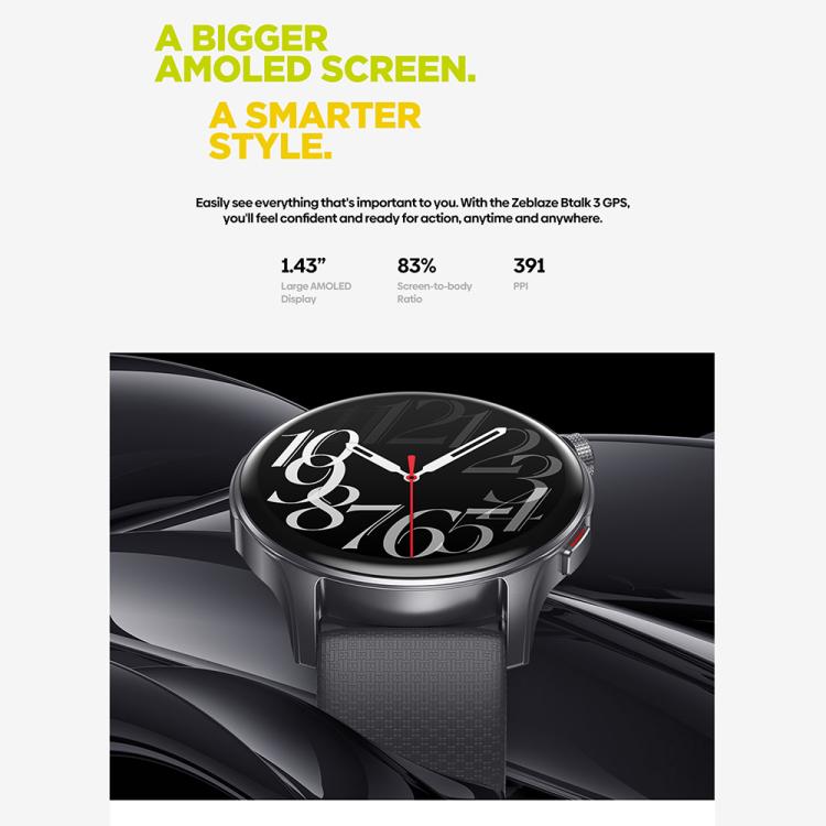 Zeblaze Btalk 3 GPS smartwatch with a large numbered AMOLED face and gray strap