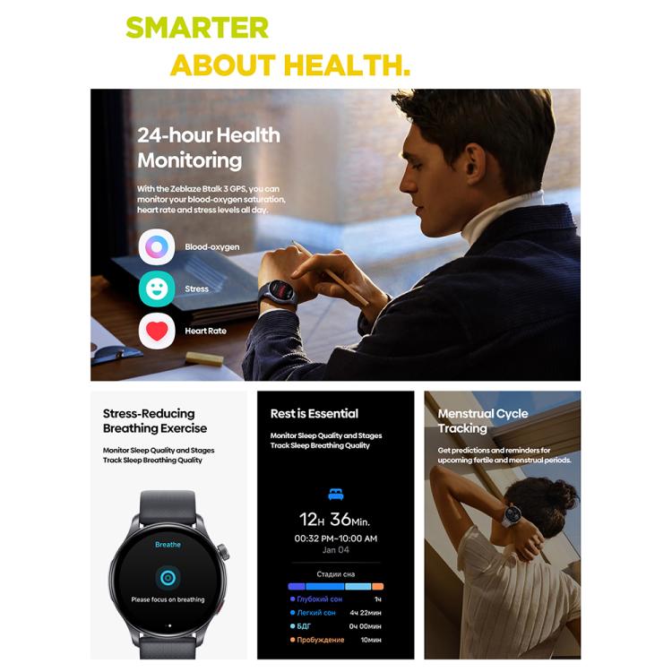 Zeblaze Btalk 3 GPS smartwatch shown with health monitoring screens