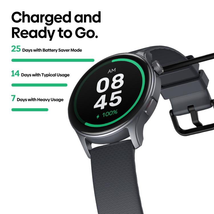 Zeblaze Btalk 3 GPS smartwatch with dark strap connected to a charging cable